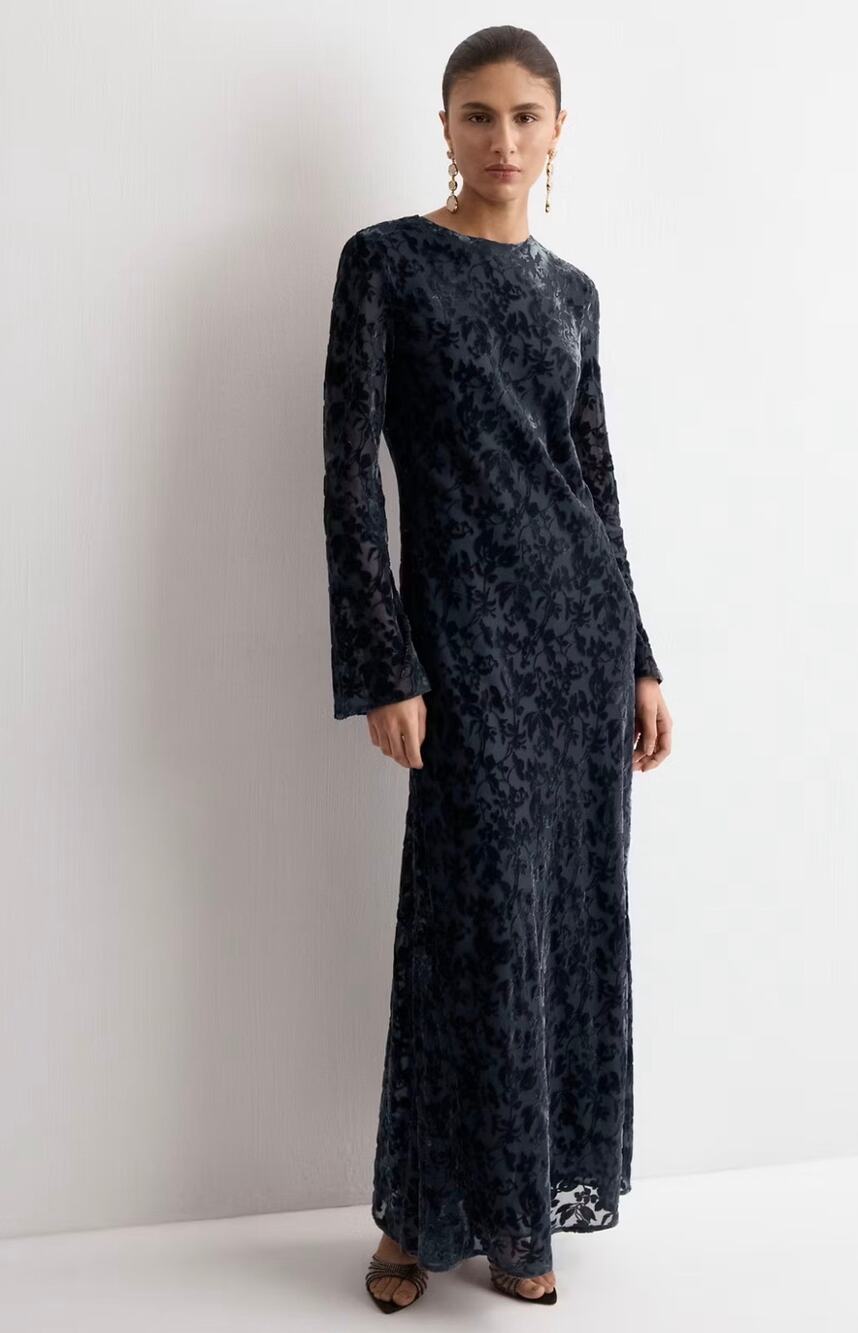 Mango Floral Devoré Velvet Maxi Dress Dark Charcoal/ Black Long Bell Sleeve Gown